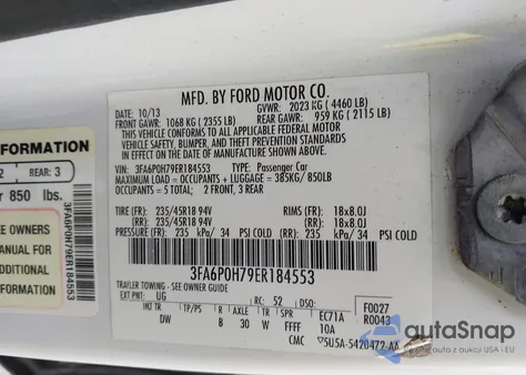 2014 Ford Fusion Se z USA, uszkodzony, nr VIN 3FA6P0H79ER184553
